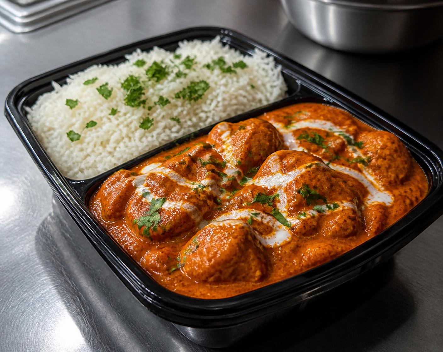 Freshly prepared curry meal with basmati rice in a takeaway tray