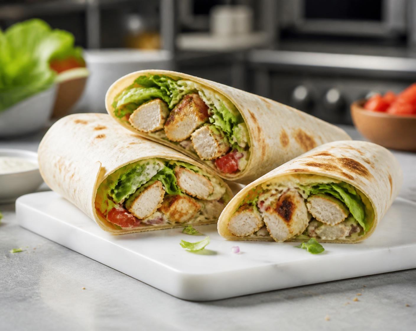 Grilled chicken and salad tortilla wraps sliced and plated