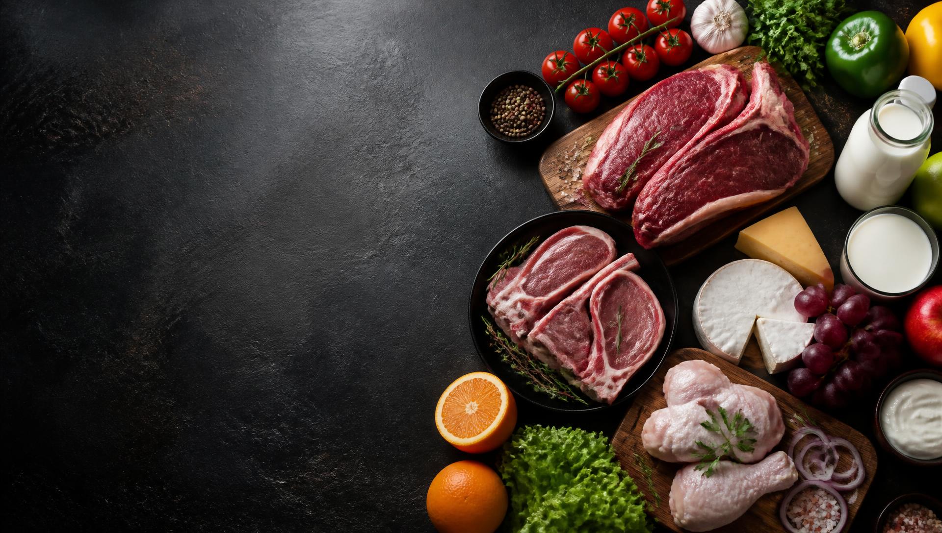 Fresh raw meat, vegetables, fruits and dairy items